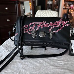 Ed Hardy Black Small Crossbody clutch Bag with metal hardware Vegan leather NWT